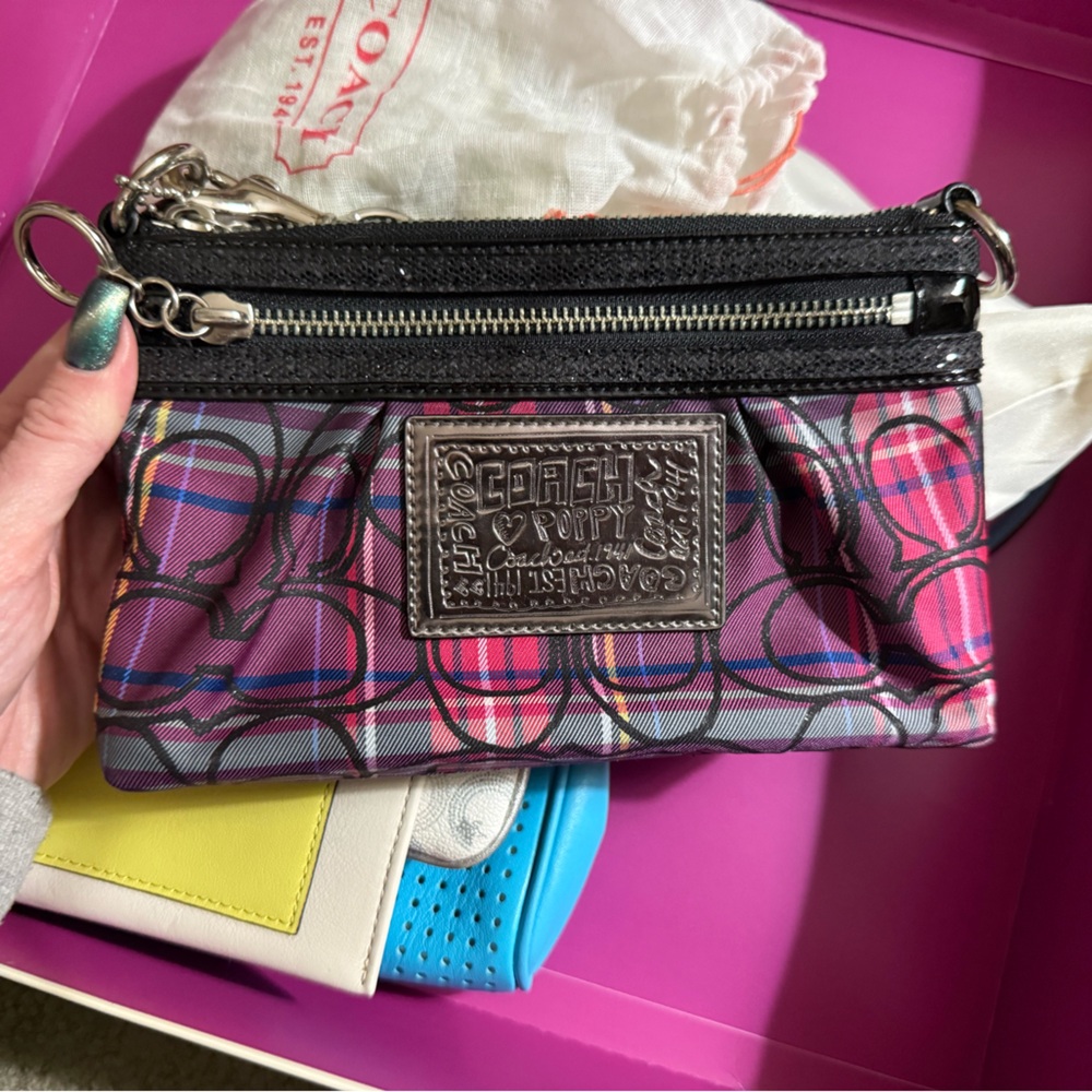 Coach Tartan Pink and Black Plaid Wristlet